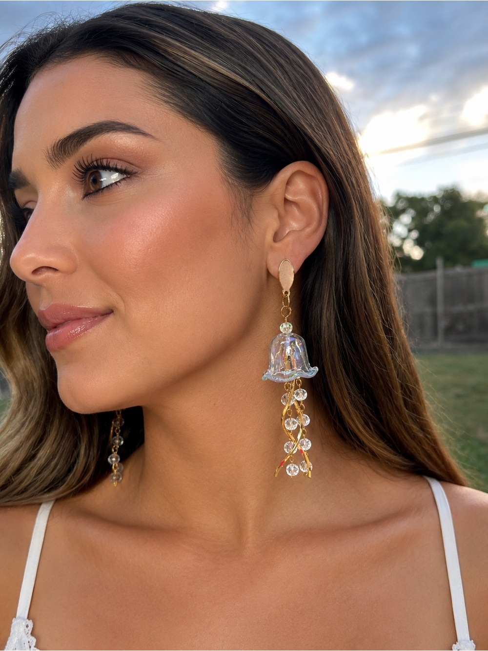 Iridescent jelly fish Bell Dangle Earrings with Gold-Tone Accents